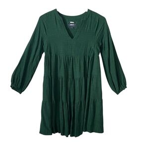 Maeve Anthropologie Green Tiered Babydoll Mini Dress Textured Jacquard Sz XS